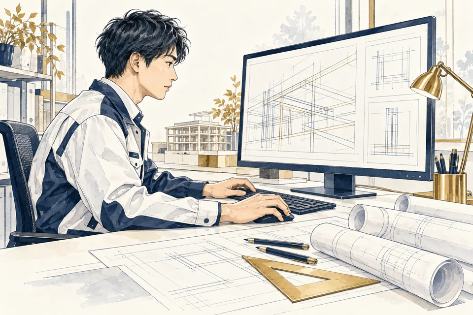 CAD・図面作業を描いた架空の技術者のイラスト