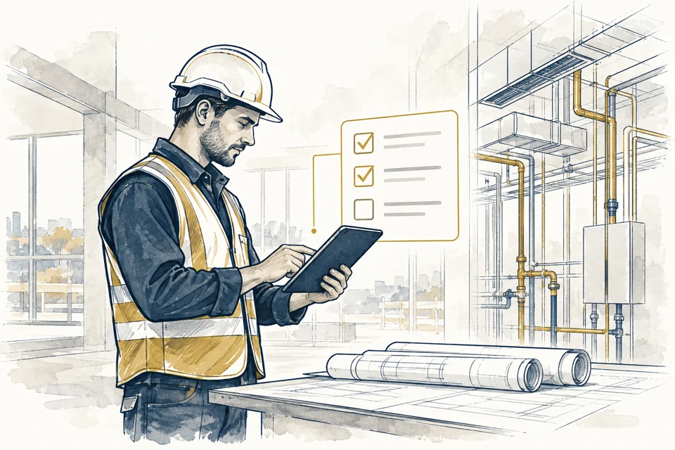 建設DXによる記録整理を描いた架空の技術者のイラスト