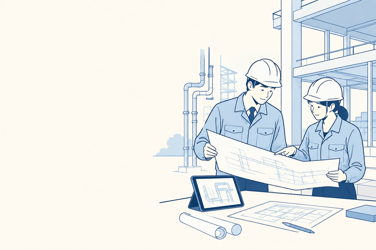 建設現場と図面・タブレットを囲む技術者のイラスト